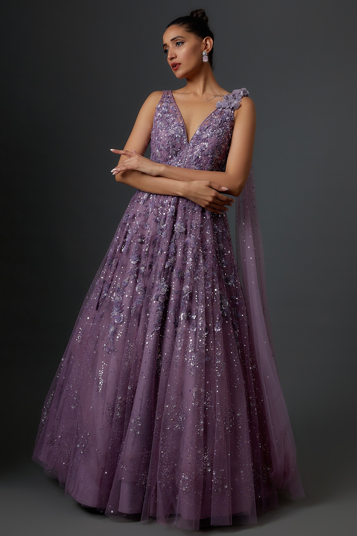 G2018, Royal Purple Frilled Long Trail Gown (All Sizes)pp – Style Icon  www.dressrent.in